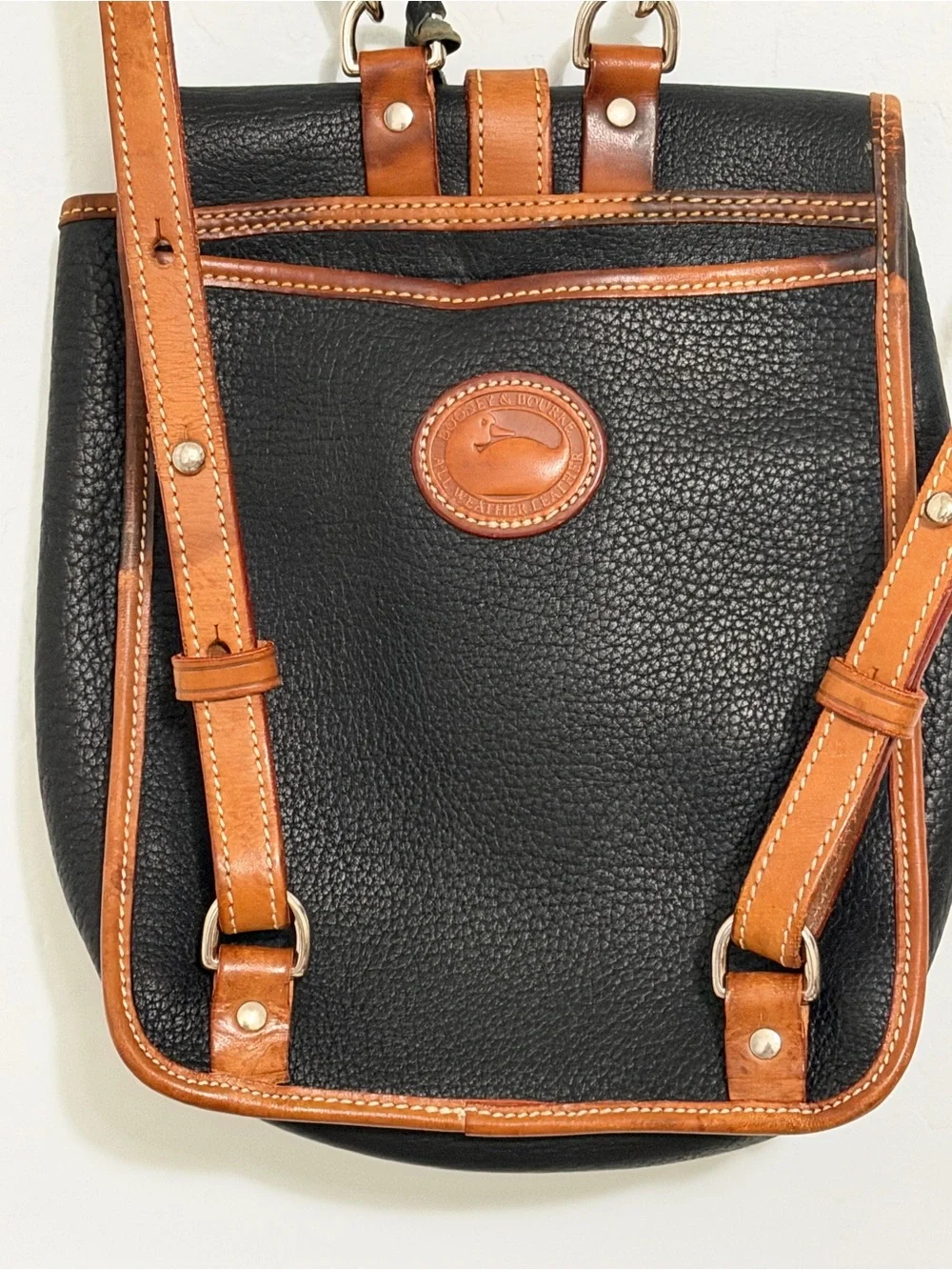 Vintage Dooney & Bourke All-Weather Leather Backpack Blk/British Tan Crossbody